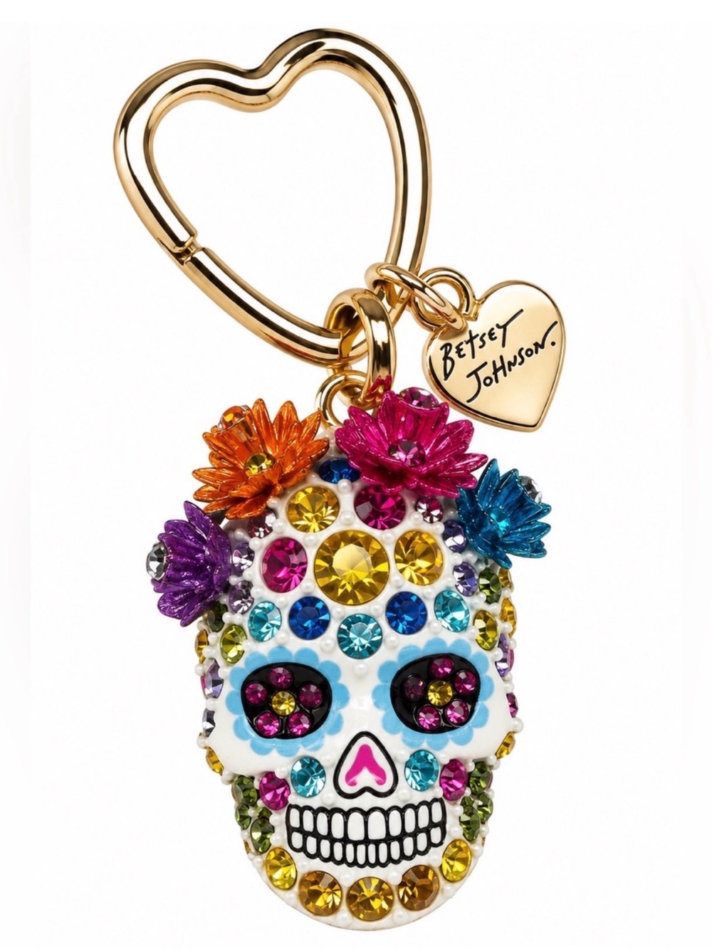 Betsey Johnson Gold Heart Sugar Skull Keychain with Multicolor Crystals